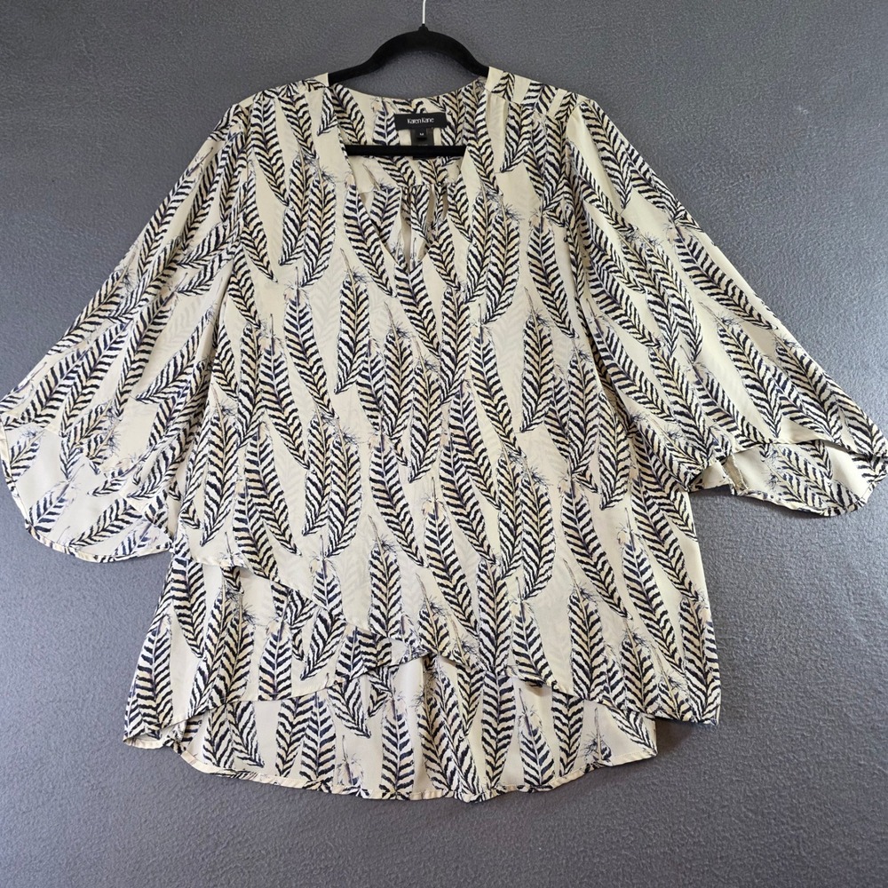 Karen Kane Womens M Feather Print Chiffon Blouse Tan Blue V-Neck Bell Sleeve